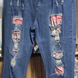 SHEIN Blue Distressed Jeans with Pink Leopard Accents